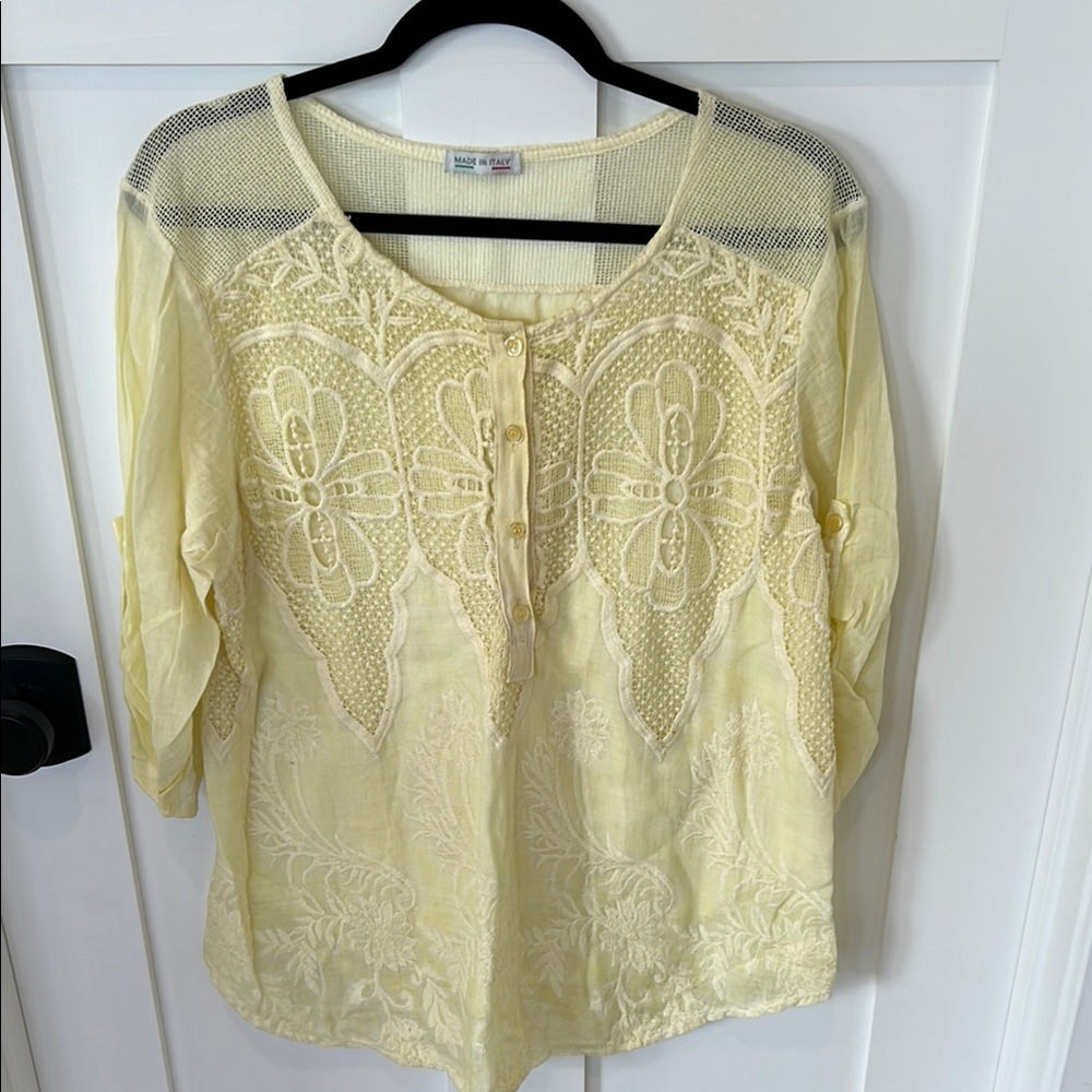 (Made in Italy) Yellow Embroidered 3/4 Sleeve Blouse